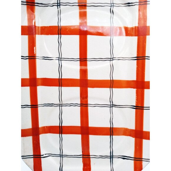 Red Plaid Serving Tray Takito Company Vintage Hand Painted Japan 10.25 In Crazed - Picture 16 of 16